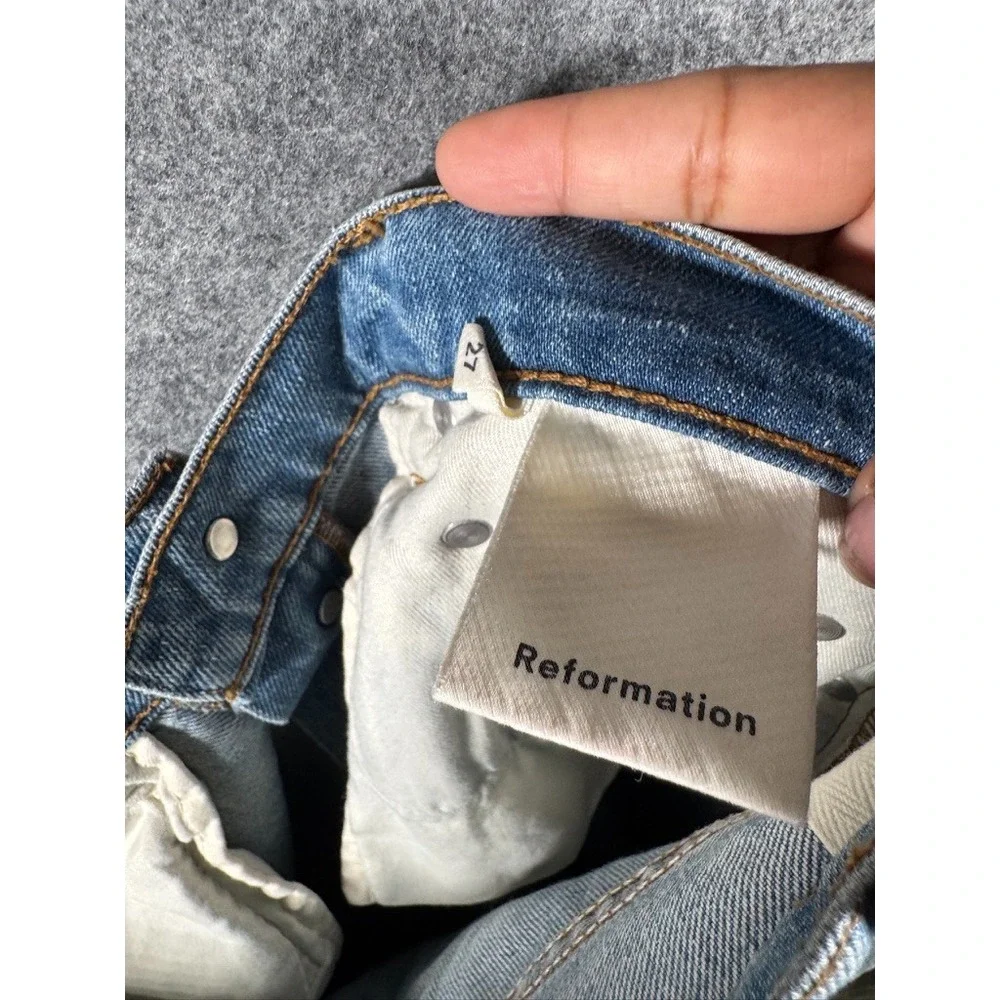 Reformation High Rise Straight Leg Jeans Light‎ Wash Blue Distressed Button Fly